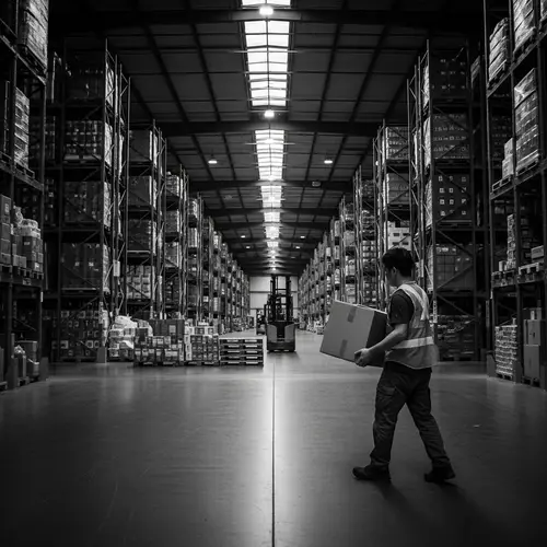 Black and White Warehouse Landscape with Dedicated Asian Male Worker Holding Box