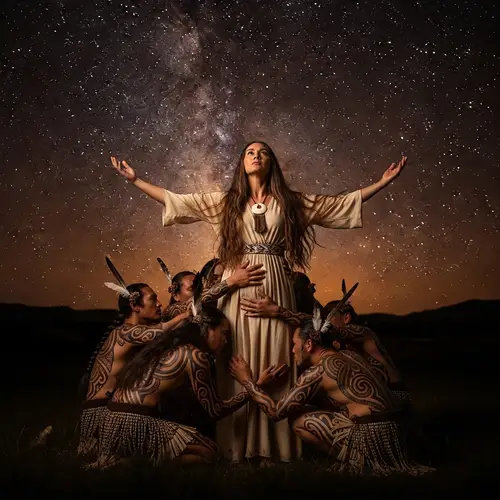 Maori Woman Embraced by Ancestral Spirits Under Starry Night Sky