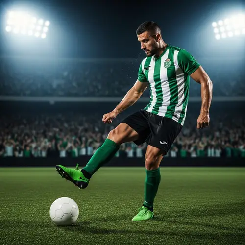 Intense Football Player Action in Green Striped Jersey