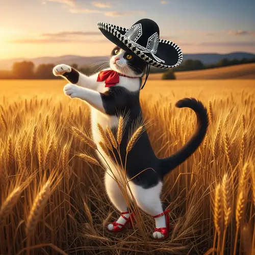 Cat Dancing Salsa in Wheat Field with Charro Hat and High-Heeled Shoes
