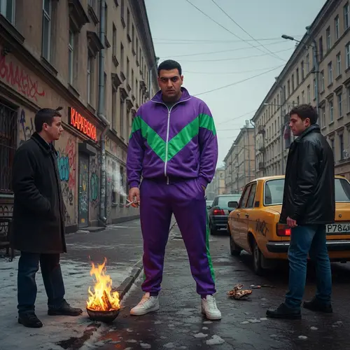 Vivid 90s Street Scene in Russia: Menacing Bully in Purple Tracksuit