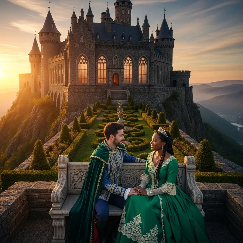 Mountain Peak Castle with Multicultural Royal Couple
