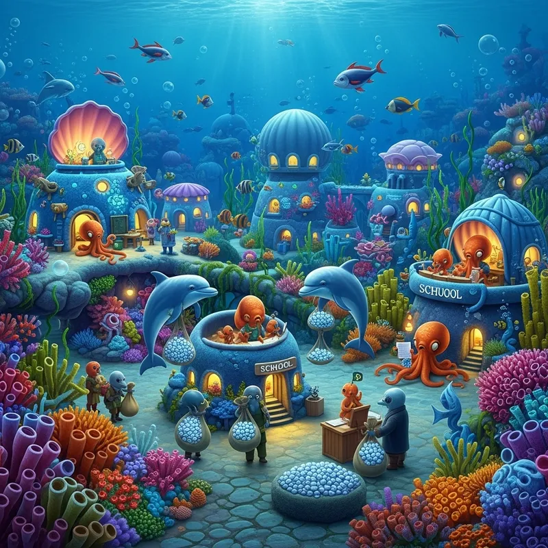 Thriving Underwater Society with Coral Buildings and Flora
