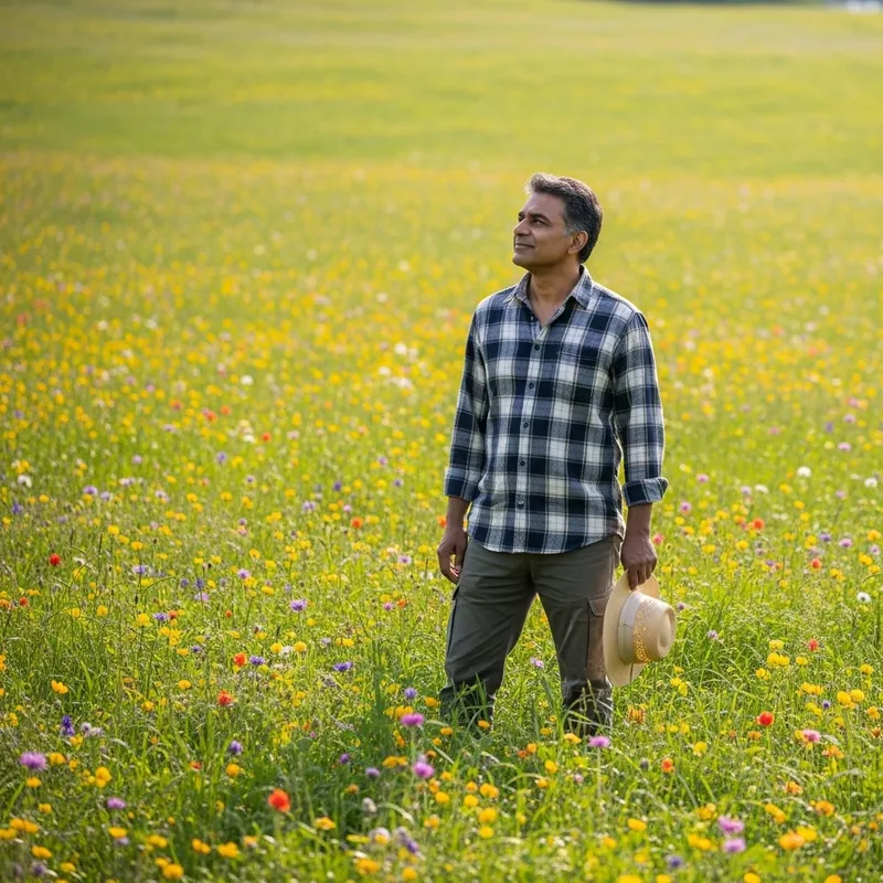 Tranquil South Asian Man in Flowery Field Tranquil South Asian Man in Flowery Field