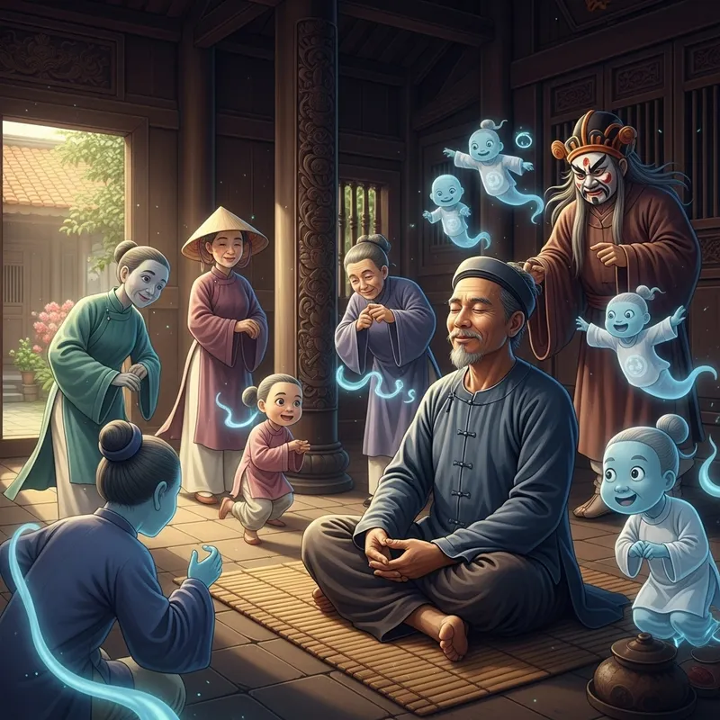 Tranquil Vietnamese Man Smiling Among Asian Spirits