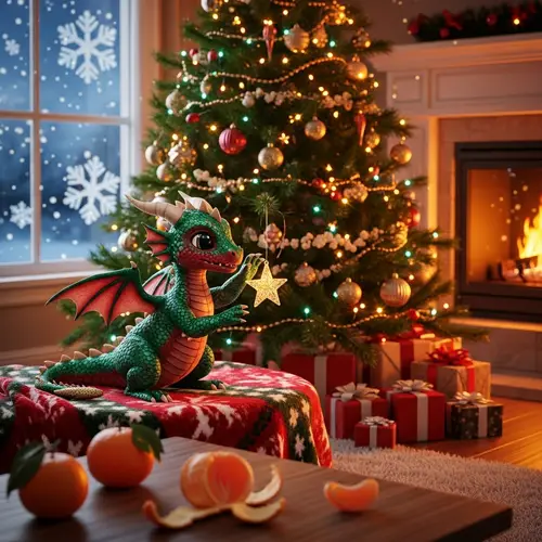 Little Dragon Celebrating New Year by the Christmas Tree