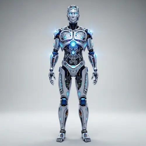 Intricate Humanoid Robot Illustration with LED Lights and Interlocking Gears