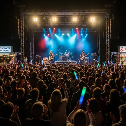 Thrilling Concert Scene: Energetic Band, Diverse Fans, Harmonious Moment