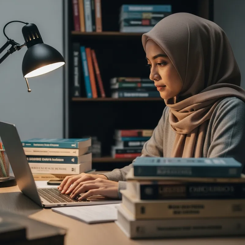 Hijab-Wearing Mother: University Professor Typing on Laptop Hijab-Wearing Mother: University Professor Typing on Laptop