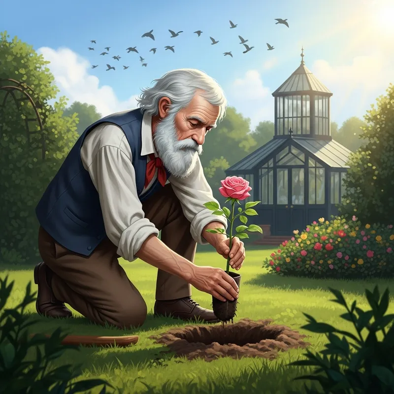Charles Darwin Planting Rose in Historic English Garden