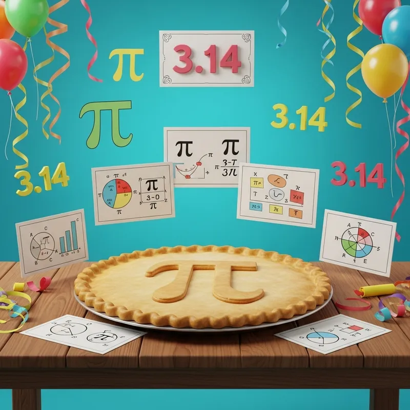 Fun Pi Day Illustration with Symbolic Pie and Mathematical Decor