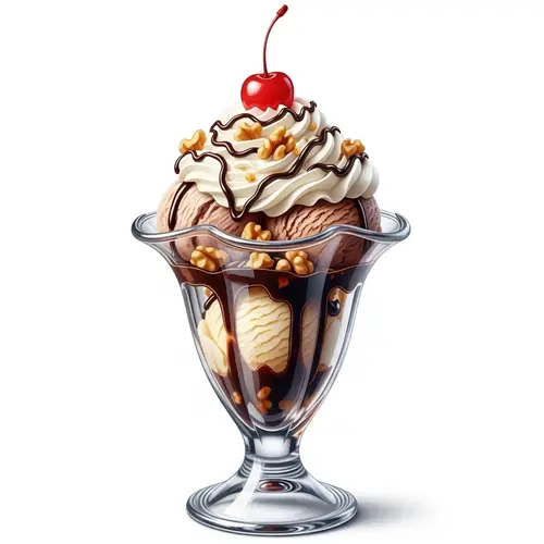 Delicious Ice Cream Sundae with Whipped Cream and Walnuts