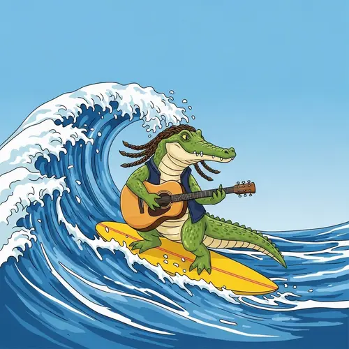 Crocodile with Braids Playing Guitar | Surfing Wave Illustration
