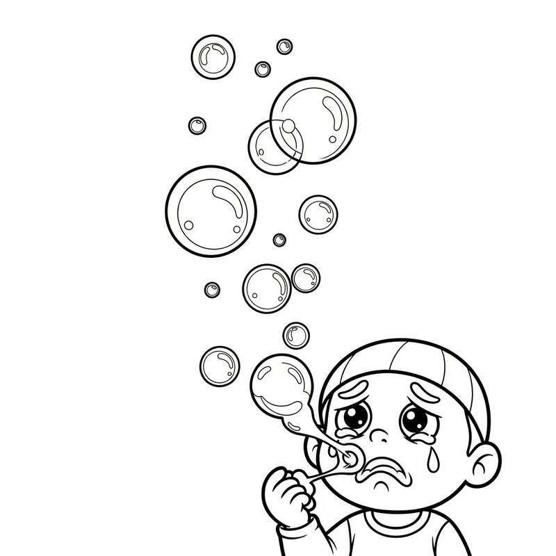Sad Child Blowing Bubbles | Black and White Coloring Page