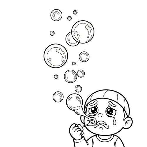 Melancholy Child Blowing Soap Bubbles | Coloring Page Illustration