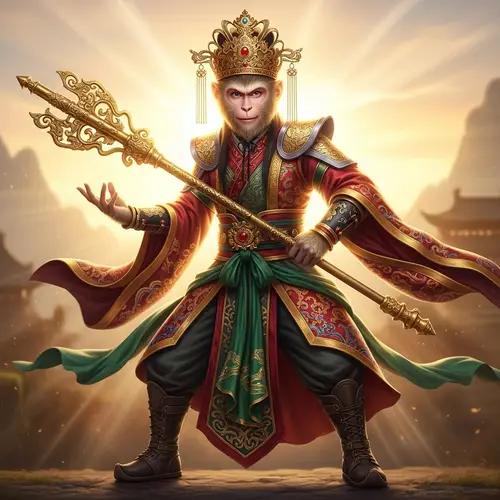 Mythical Monkey King Art - East Asian Folklore in Golden Sunlight