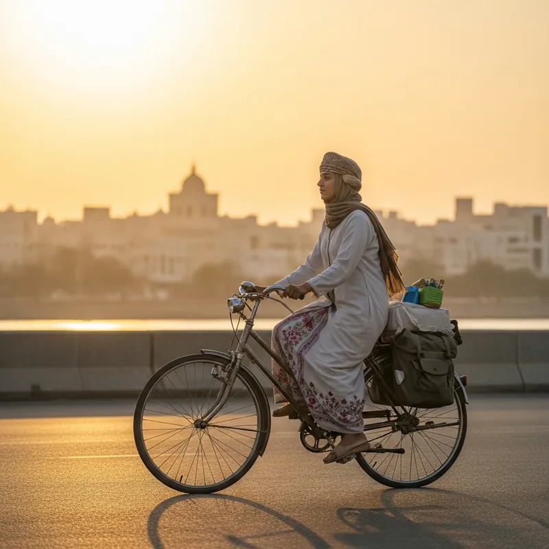 Omani Girl Biking to Work | Traditional Attire & City Silhouette