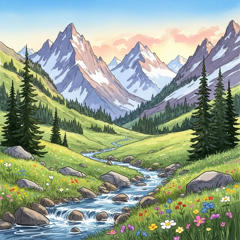 Tranquil Mountain Landscape Watercolor Painting
