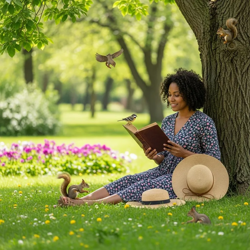 Tranquil Park Scene Featuring a Mid-Aged Black Woman Reading Outdoors