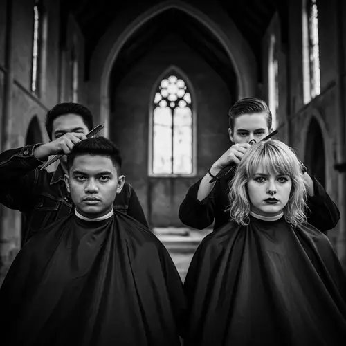 Rebellious Teenagers' Asymmetrical Haircut in Abandoned Church