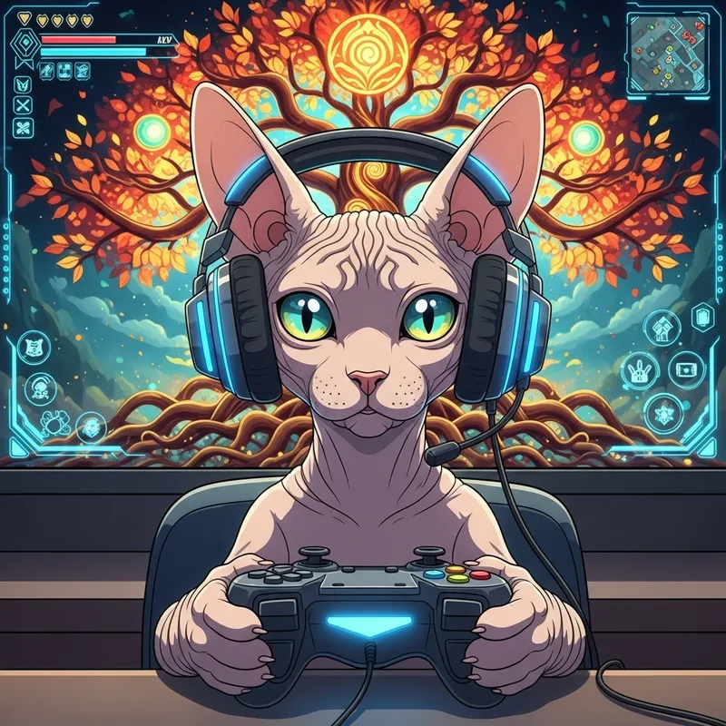 Futuristic Sphinx Hairless Cat Gaming in Anime Tree World