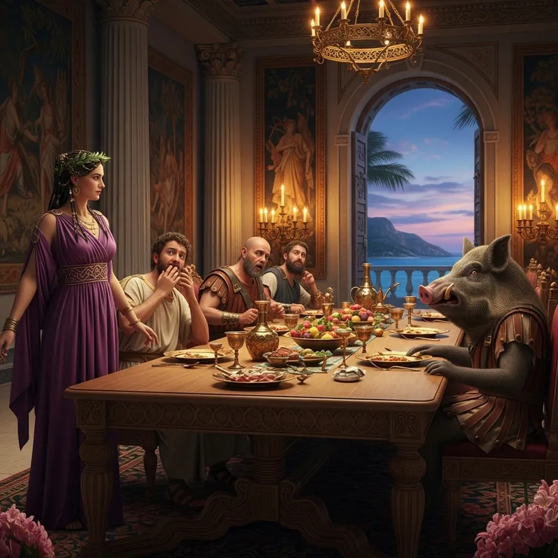 Circe's Grecian Transformation: Enchantress Amidst Pigs | Mythological Scene