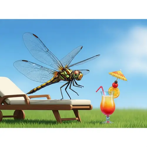 Dragonfly Resting on Sun Lounger with Tropical Cocktail