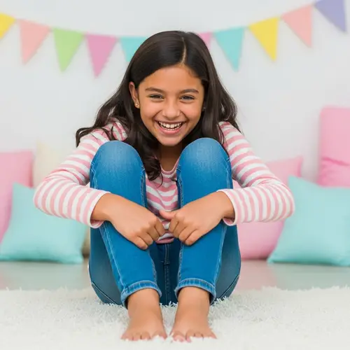 Joyful Hispanic Girl Tickled on Fluffy Carpet