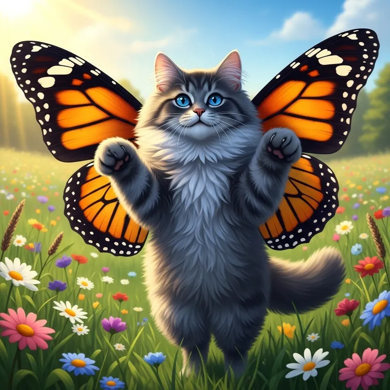 Cat with Butterfly Wings in Meadow