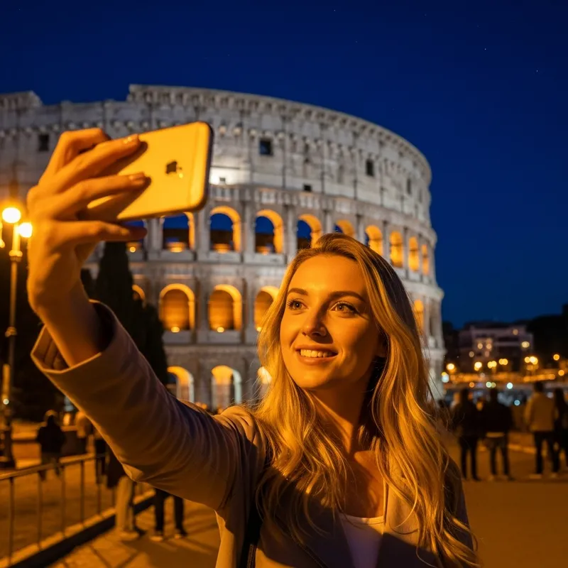 Blonde Girl Taking Selfie at Night in Front of Colosseum