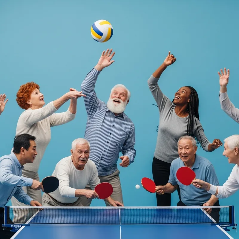 Happy Russian Seniors Enjoying Volleyball and Table Tennis on Blue Background Happy Russian Seniors Enjoying Volleyball and Table Tennis on Blue Background