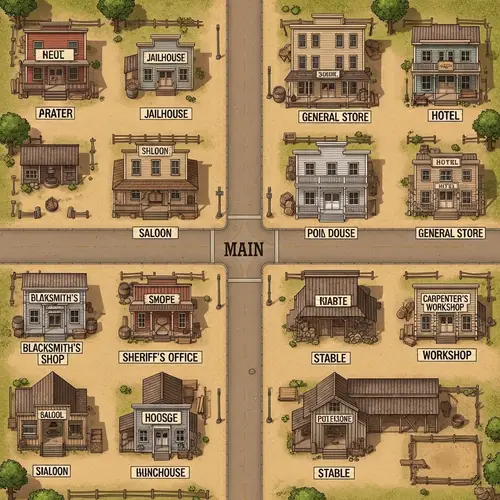 Detailed Wild West Town Map with 8 Buildings