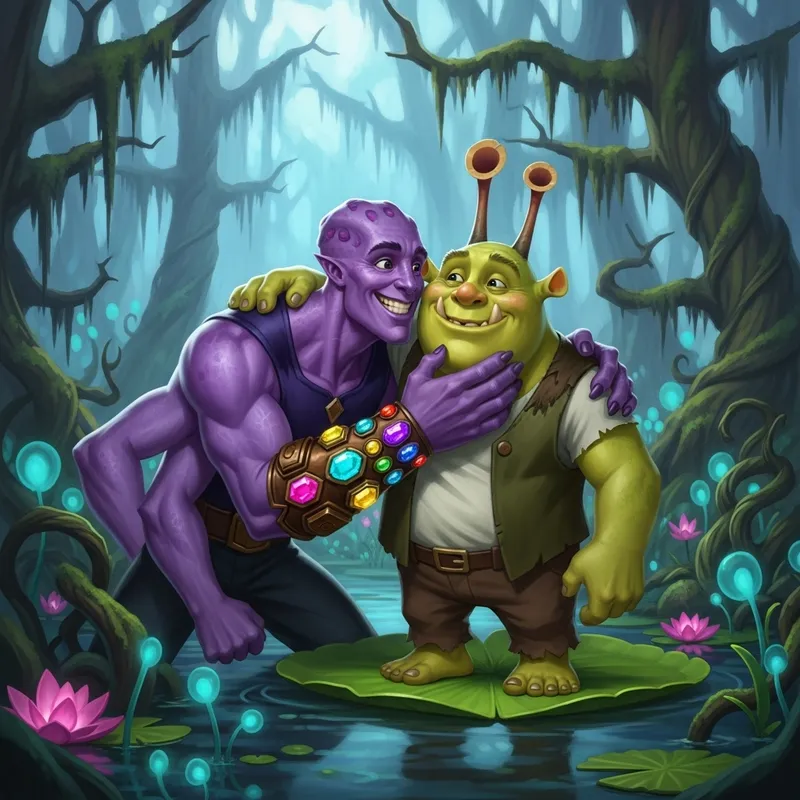 Thanos Kissing Shrek: A Surreal Fantasy Moment
