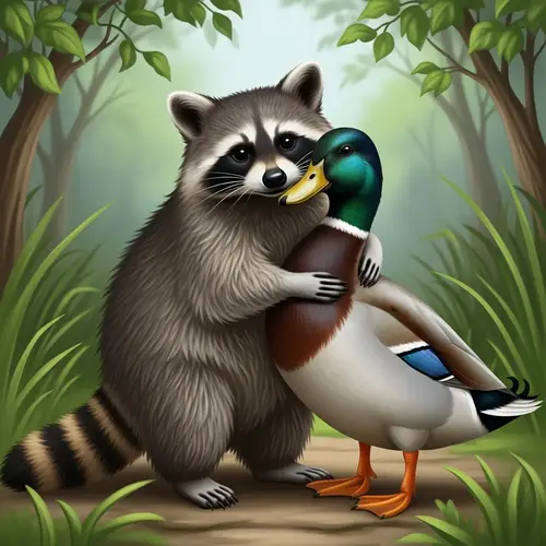 Peaceful Raccoon and Duck Embrace in Natural Setting