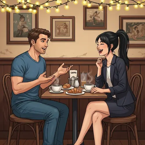 Friendly Conversation in Cozy Café: Shared Laughter