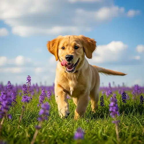 Playful Golden Retriever Puppy in Green Field