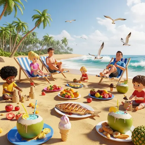 Tropical Beach Scene with Grilled Fish, Fruits, and Fun Activities