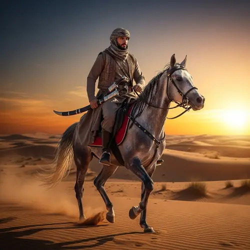 Middle-Eastern Warrior Riding Horse in Vast Desert