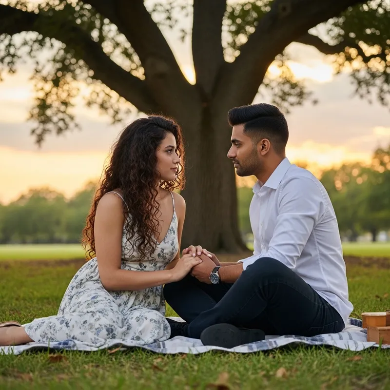 Intimate Sunset Love Scene in Enchanting Park