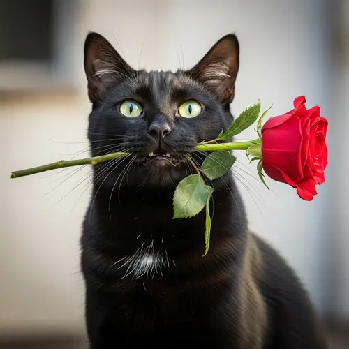 Black Cat Holding Red Rose - Beautiful Image