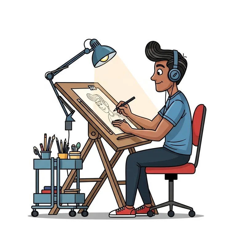 Illustrator at Work with 50s Style Hair - Drawing Table Setup