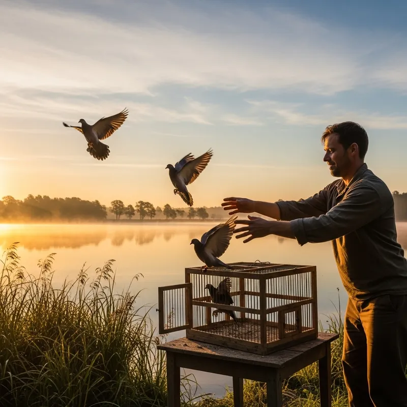 Man Setting Birds Free by Lake | Symbolic Bird Release Scene Man Setting Birds Free by Lake | Symbolic Bird Release Scene