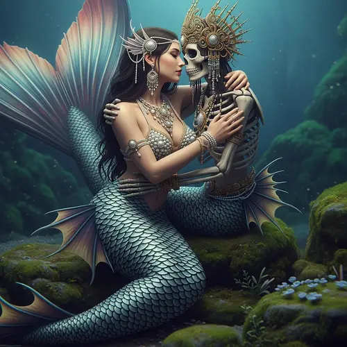 Elegant Mermaid Embracing Merfolk Deity in Mystical Aquatic Scene