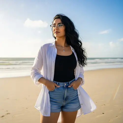 Middle Eastern Woman on Sunny Beach | Casual Attire
