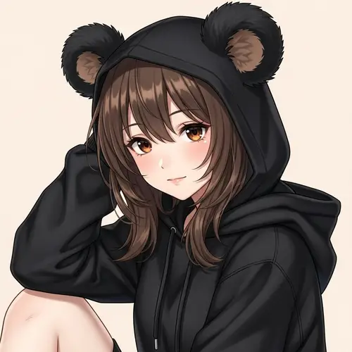 Young Girl with Black Bear Ears and Stylish Black Hoodie