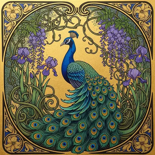 Golden Art Nouveau Style Painting with Oil and Gold Leaf on Canvas