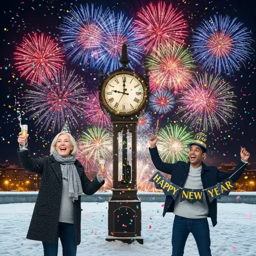 New Year Celebration with Clock Striking Midnight and Fireworks