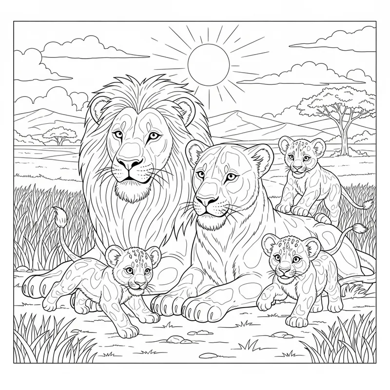Lion and Family Coloring Page - Beautiful Scene for Kids Lion and Family Coloring Page - Beautiful Scene for Kids