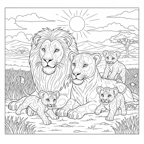 Lion Family Coloring Page - Fun & Intricate Design