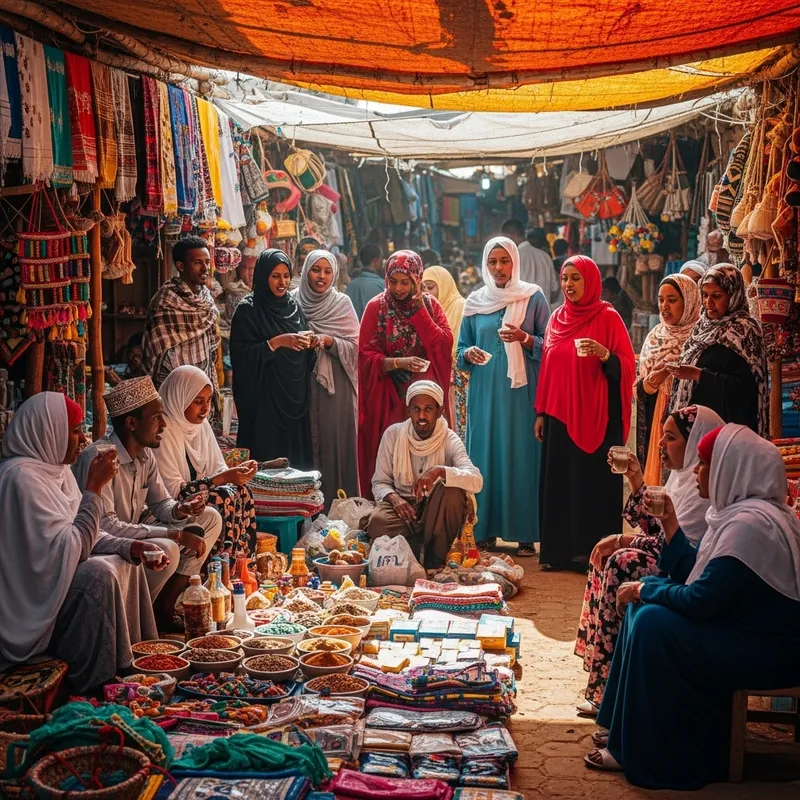 Somali People Engaging in Daily Life at Colorful Marketplace Somali People Engaging in Daily Life at Colorful Marketplace